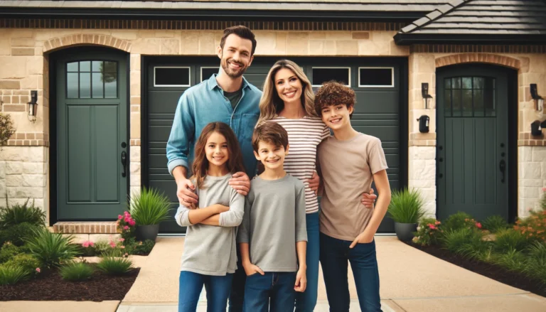 Stay Secure with These Garage Door Safety Features in Wylie, TX 1 DALL·E 2024 06 07 10.42.49 A happy family standing in front of their home with a modern garage door. The family includes parents and two children all smiling and showing excite