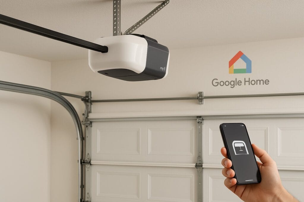 Chain Drive vs. Belt Drive: Different Garage Door Maintenance Needs 3 Smart garage door maintenance using a smartphone app connected to a belt-drive opener integrated with Google Home in a modern residential garage.