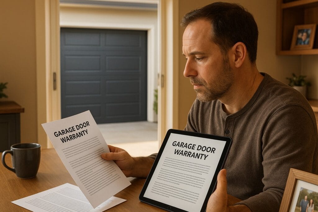 Red Flags to Watch Out for During New Garage Door Installation Quotes 3 Homeowner reviewing garage door warranty documents after new garage door installation, highlighting concerns about unclear or missing warranty information.