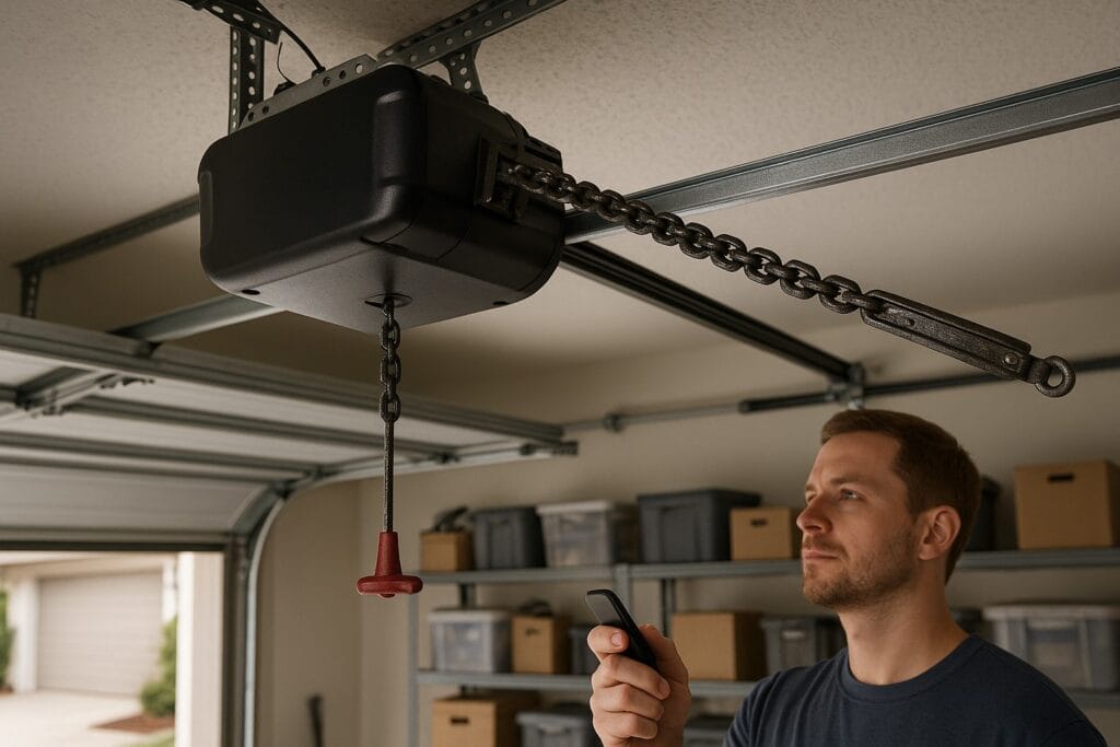 Chain Drive vs. Belt Drive: Different Garage Door Maintenance Needs 2 A man performing garage door maintenance by testing a chain-drive garage door opener with a remote control inside a residential garage.