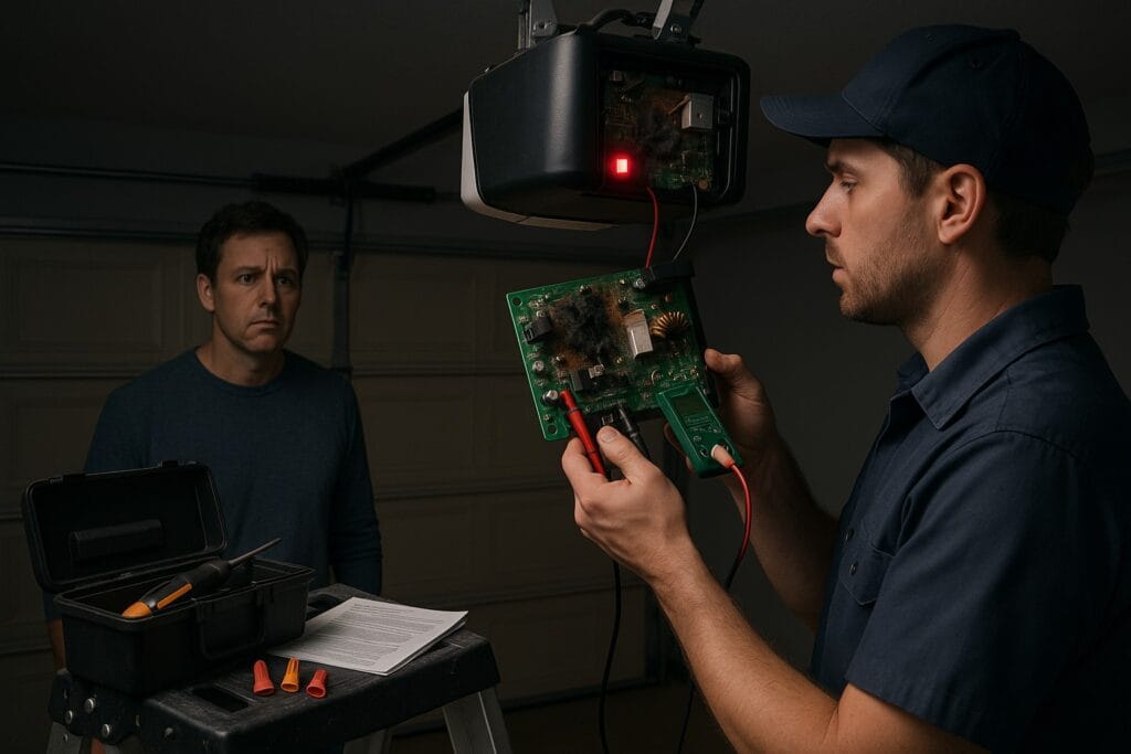 Emergency Garage Door Repair in Texas for Broken Springs and Cables 3 Technician diagnosing a burned circuit board during emergency garage door repair while concerned homeowner looks on.
