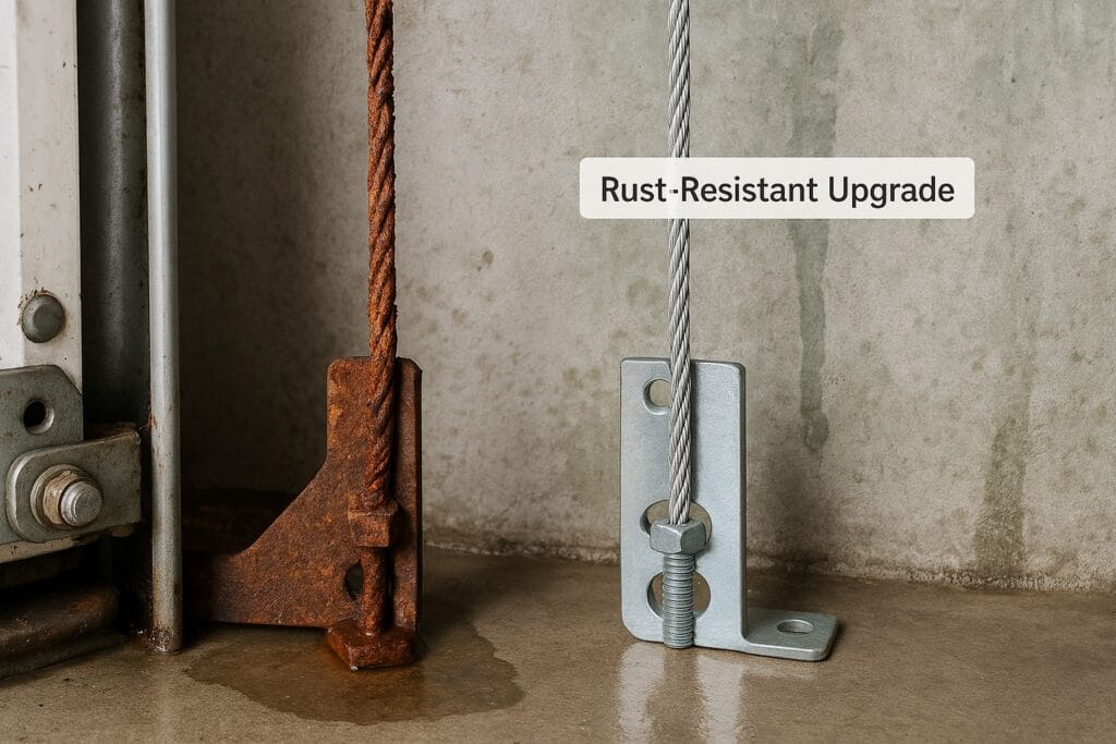 Garage Door Cable Replacement After Storm Damage 2 Side-by-side comparison of a rusted garage door cable and bracket with a rust-resistant upgraded version, emphasizing the benefits of garage door cable replacement.