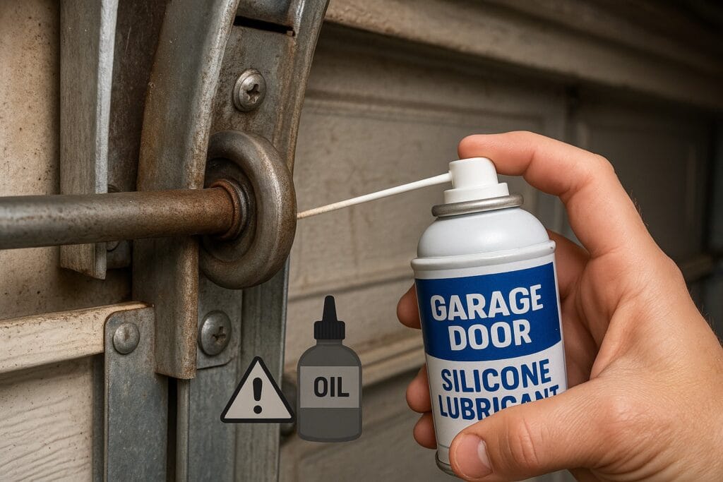 Garage Door Cable Replacement After Storm Damage 3 Hand applying silicone lubricant to a garage door pulley system to prevent wear and support smooth operation after garage door cable replacement.