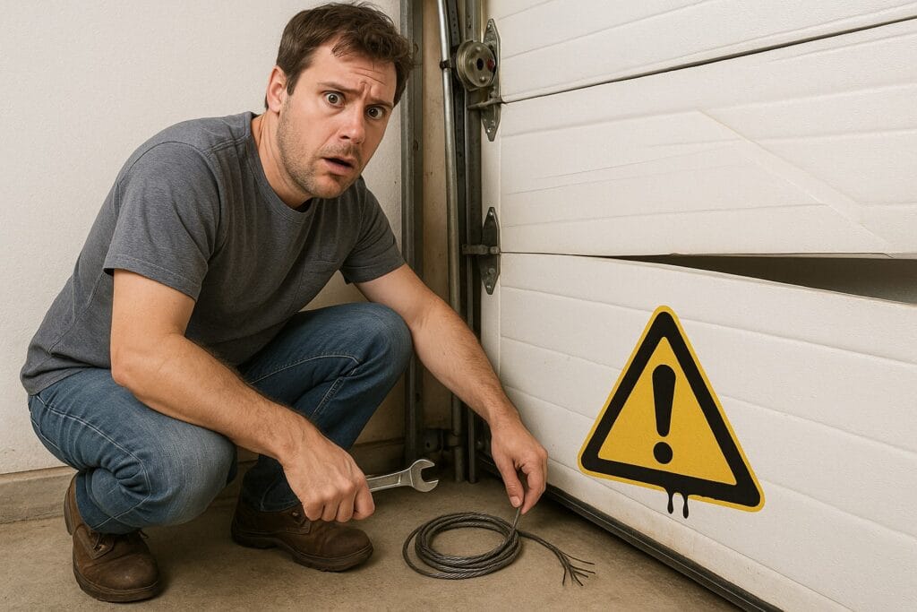 Garage Door Cable Replacement: Why Choosing the Right Company Matters 3 Concerned man holding broken garage door parts next to damaged garage door panel with caution sign.