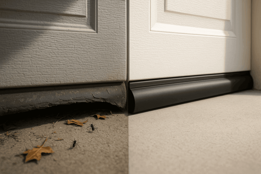 Before and after garage door weather stripping showing improved bottom seal against pests and debris.
