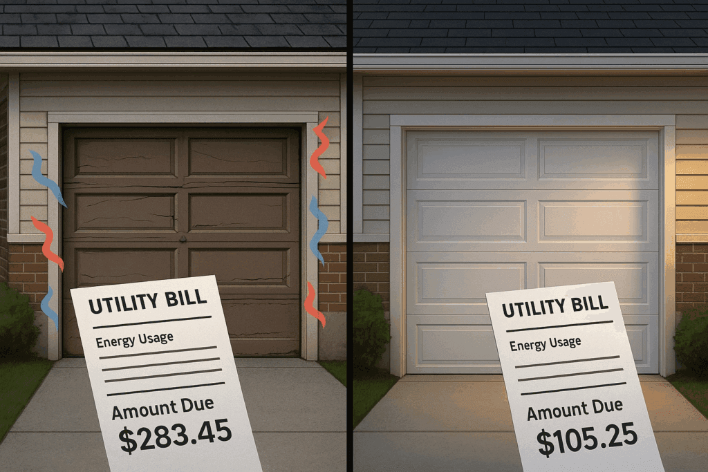 Comparison showing energy savings after professional service to repair garage door.
