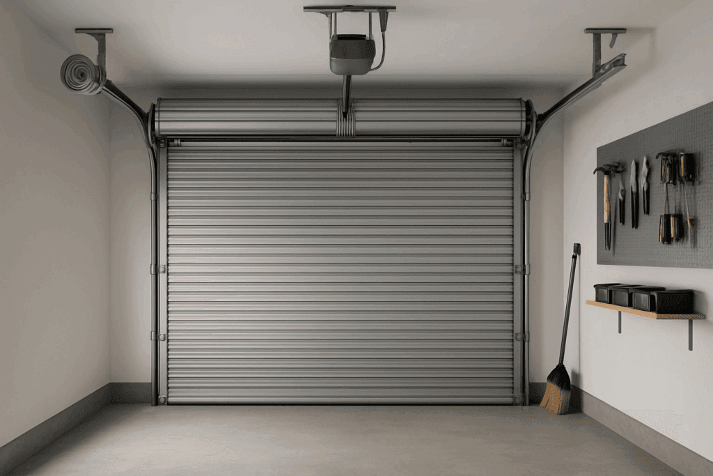 Interior view of modern roll-up garage doors with organized tool wall.