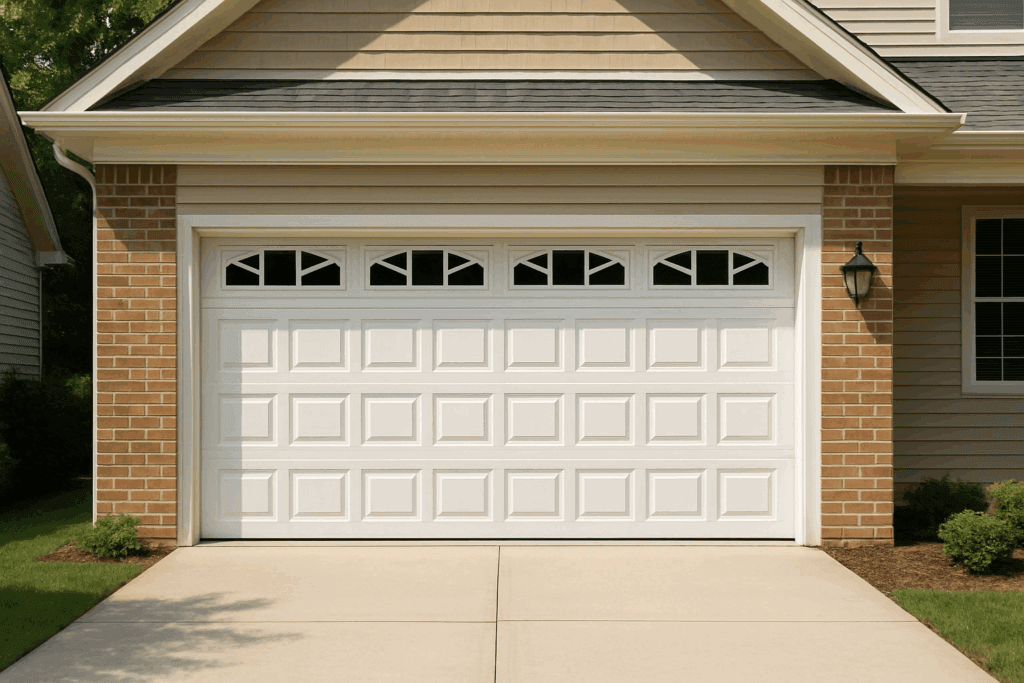 Sleek modern garage doors with minimalist dark panel design enhancing a contemporary home exterior."