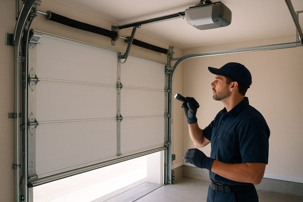 Professional garage door technician inspecting the bottom seal and track alignment using a flashlight to ensure smooth operation and proper closure.