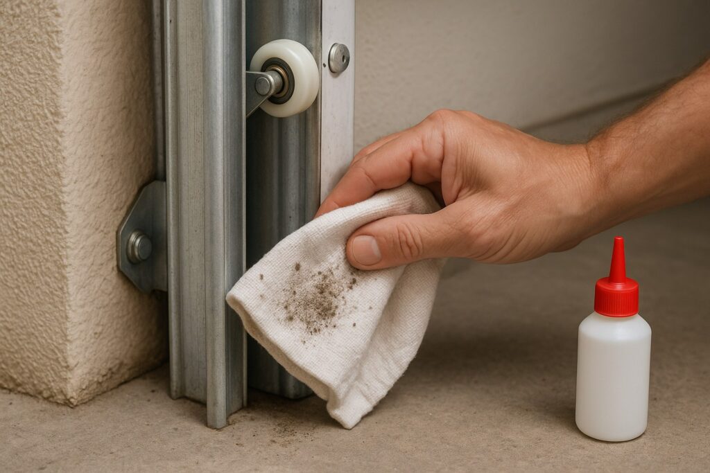 A hand wipes dirt from a garage door track before applying lubricant to keep automatic garage doors running smoothly.