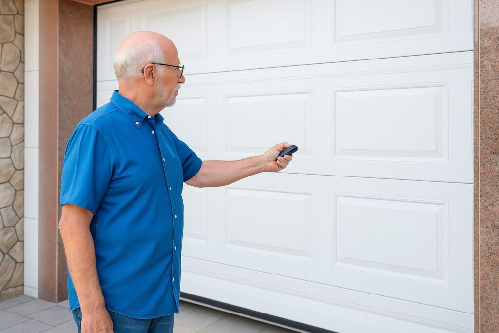 An older man uses a remote control to operate his automatic garage doors outside his home.